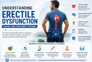 Medical infographic explaining erectile dysfunction causes, symptoms, diagnosis, and treatment options with cardiovascular health illustration.